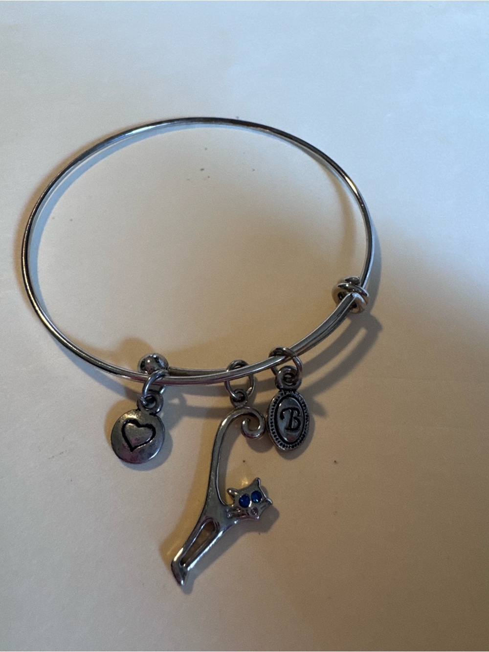 Silver Cat Charm Bangle Bracelet with Heart and Initial Charms